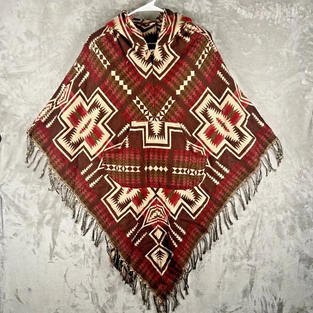 Women’s Aztec Print Hooded Poncho Brown Red Fringe Front Pocket Western One Size